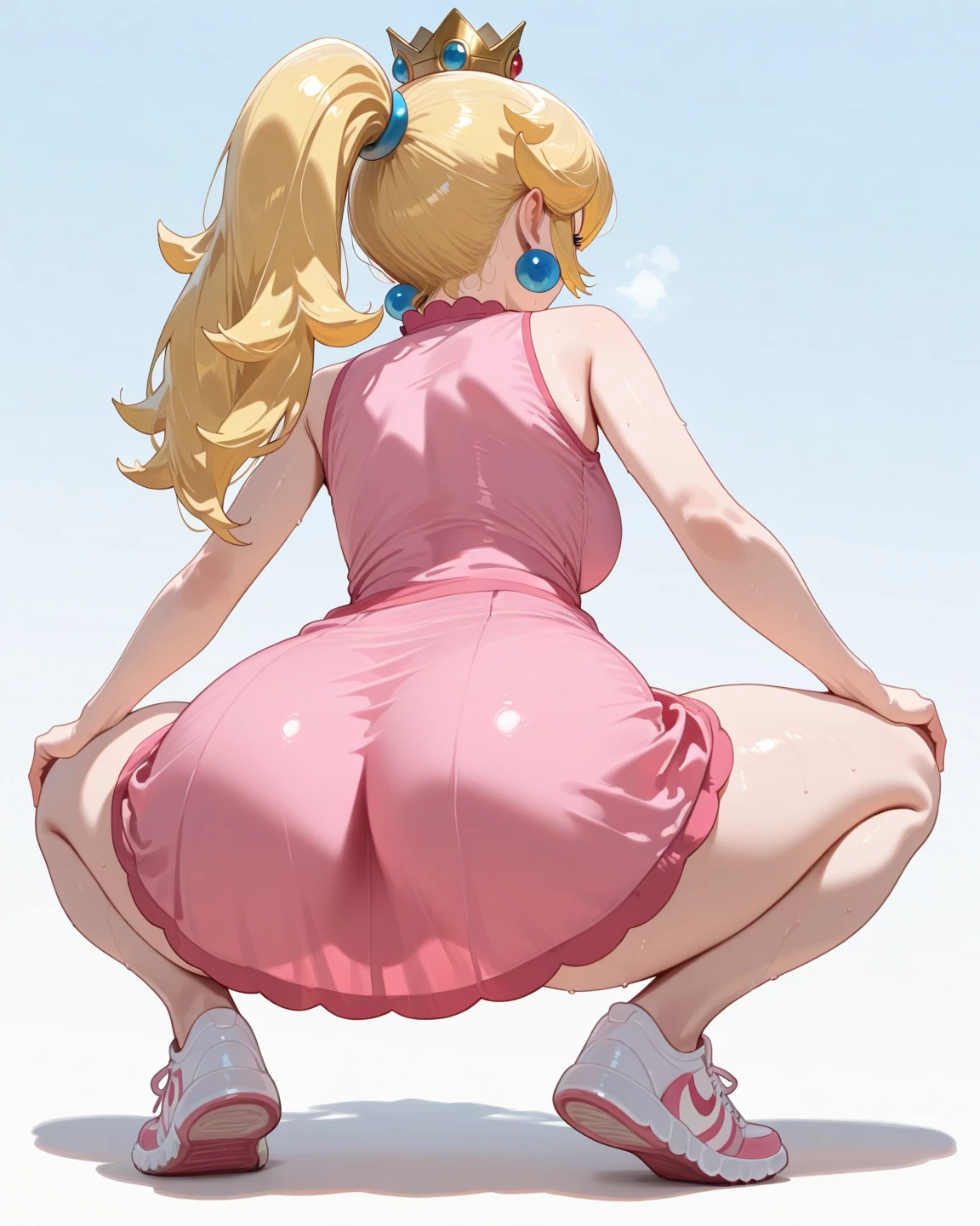 A very beautiful white girl with very long wavy light brown hair but she is very very fat and big, she weighs 700 pounds, sitting on hard floor exhausted, wearing tightly stretched pink underwear and a pink loose bra, huge butt, very large and fat legs, chunky arms, massive belly, detailed face and eyes, perfect face, legs spread out, full body view, bigger belly, slight grin, wearing pink headband with a flower on it, wearing tight white knee socks, massive ass is huge, butt on ground, curvy figure
