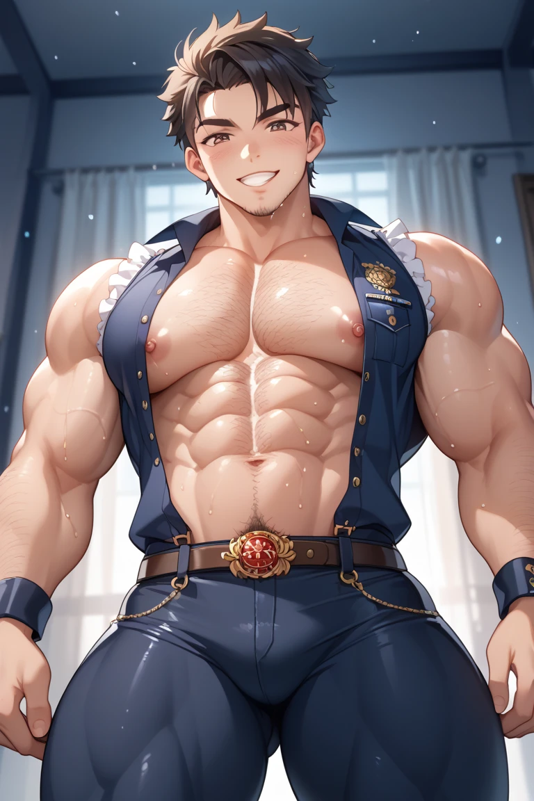 (Best quality,Half body photo) ,, ((( 25 year old muscular man with closed eyes, hands tied behind his back with iron chains))) Standing,muscular man,,hairy armpits Pubic hair,(wearing a ripped navy T-shirt: 1.5) hands tied behind the back with an iron chain connected to the wall,Asian muscular bodybuilding champion (((no hair) )),((( black wall background ))),handsome man Smooth and delicate skin, delicate skin, big nipples, very detailed eyes and eyelashes. muscular man Be a man, be a man