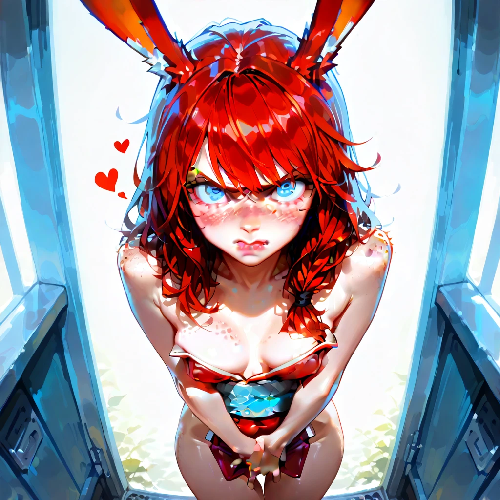 gangle, solo, blue eyes, ribbon, indoors, tears, red ribbon, no humans, mask, crying, curtains, female, full body, source, black eyes, humanoid, source, red ribbons on body