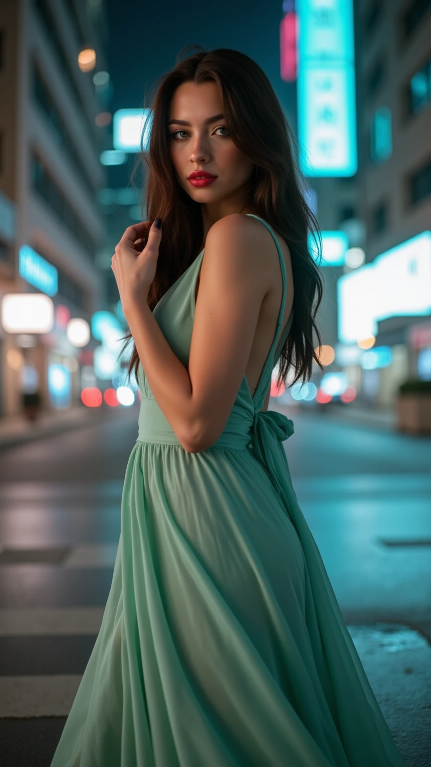 (Best quality, 8K, Masterpiece: 1.3), Clear focus: 1.2, Beauty: 1.4, Abs: 1.1, Brown hair, Aqua dress: 1.4, Night outdoors: 1.1, City streets, fine face and eyes, double eyelids. Realistic lighting added, pay attention to adjust the proportions.