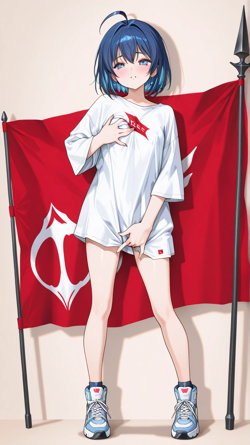 ((Highest quality)), ((masterpiece)), (be familiar with),Akane Sawatari,nsfw,((Small breasts)),((Pointy nipples)),Tattoo of the uterus, Red hoodie,Shorts