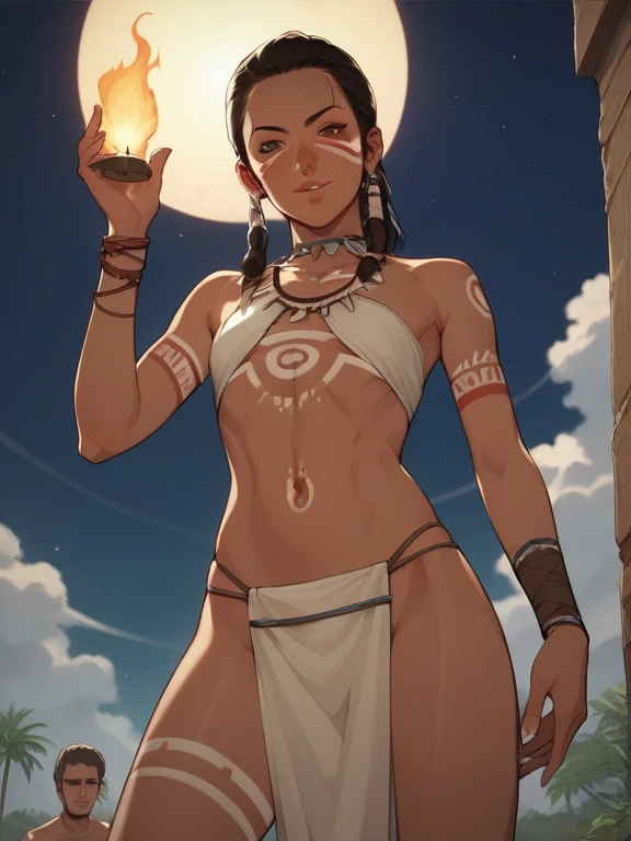 (masterpiece, best quality:1.3), (from side:1.3), perfect face, expressive eyes, 1girl, looking at viewer, 14 years old, (slim body, small breast:1.3), beautiful, anime, girl, lora, talim, 1girl, dark skin, black hair, braid pigtails, white hat, arabic clothes, see-through, (topless, covering chest by hands:1.5), (corrupt, brainwashed, hypnotized, mind controlled:1.5), (evil smile:2.0), (big cute eyes:1.5), (empty eyes, simple eyes, glowing red pupils:2.0), (crotch tattoo, glowing tattoo:1.5), (cinematic lighting, fairy tale, realistic, dream-like, enchanting atmosphere:1.5), (fantastic and beautiful night sky, abandoned park:1.5),