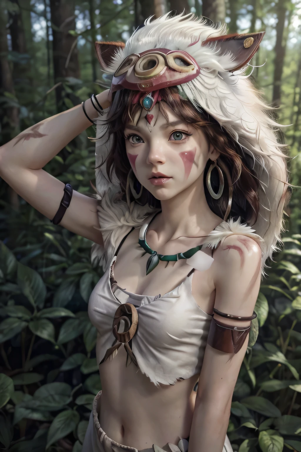 3D style ,。.。. 3DMM ,.。. 3D , (masterpiece , Best Quality:1 . 1) , Ghibli style , San (princess mononoke) , 1girl in , beautiful young girl, (XIII-years-old), armlet , , short Black hair , with Parted bangs , small naturel breasts , flat chest, (topless), nipples , , earrings , facepaint , Floating hair , forest , Green eyes , Jewelry , Looking at Viewer , , Nature , Necklace , Outdoors , , wearing a short white plaided skirt, a small tight strapless croptop (underboob), and a wolf mask on her head (studio ghibli, princess mononoke style), Solo , Tooth necklace , tree ,、NSFW , full body, standing in the forest, with a dagger in her hand,