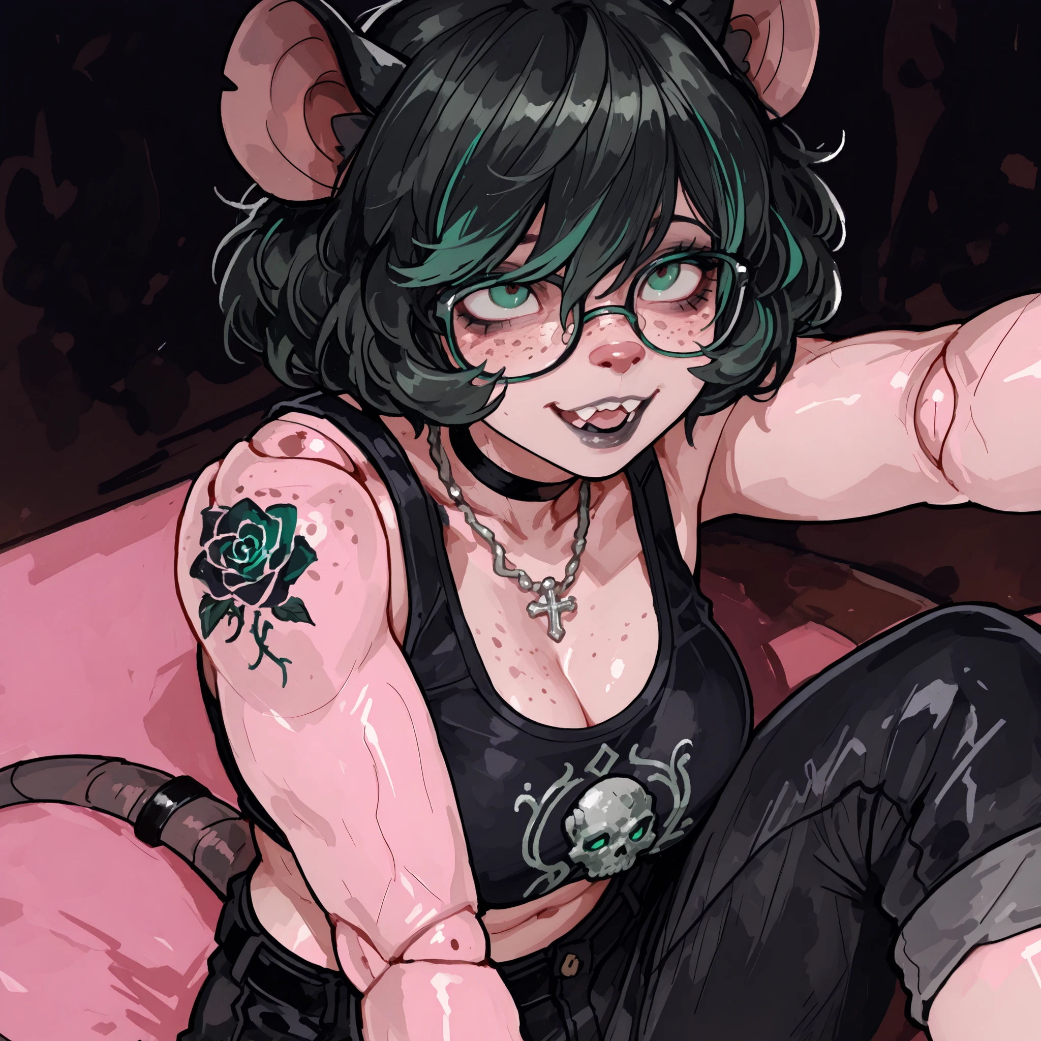 (Tall Mature Voluptuous Female furry rat), (black big curly afro with green highlights), (Green streaks in hair), (green eyes), (glowing iris), (black choker), (black leather bracelets), (Black Rose Tattoo on right shoulder), (Silver necklace with a green jade skull trinket), (fingernails), (green nail polish), (Long curvy fit legs), (freckles on face), (freckles on shoulder), (Dark Grey lipstick), (rat ears), (black ears, pink inside), (chipped right ear), (rat buck teeth), (white sclera), (rat nose), (rat tail), (anatomically correct rat whiskers), (goth makeup), (plump kissable cupid lips), (half open tired eyes), (glasses),(Flat chested), 8k quality, highly detailed, Persona Art Style, perfect detailed face, Fit upper body, Fit muscular arms, detailed muscles, Tomboy muscle build, detailed eyes, perfect detailed hands, accurate detailed doll joints, detailed thigh doll joints, detailed doll joints, detailed doll neck joint, detailed lips, 80's comics, femboy, cute, 80'sアニメーション、score_9, score_8_up, score_7_up, (One) elegant, Cheeky pose, Focus on face, Top half photo, Gothic Skull Mesh Crop Top, Gothic Punk Gothic Cargo Pants, Close up view, Close up view on face, Portrait oil Painting style, realistic painting style, cute rat-like facial features, anthropomorphic, anthropomorphic face, sultry Expression, sharp rat claws, fierce eyes, sitting, legs crossed, full furry anthro, mature feminine body type, cream colored fur on body, Rat buck teeth, black smoky background, fur covered skin, black rat ears pink inside, Plush thick thighs, Extremely Enormous Large Breasts, Stretching the fabric of shirt, Perfect cleavage, overflowing cleavage bulge, (36G Breasts Size), (rat buck teeth), showing off breasts, puffing chest out