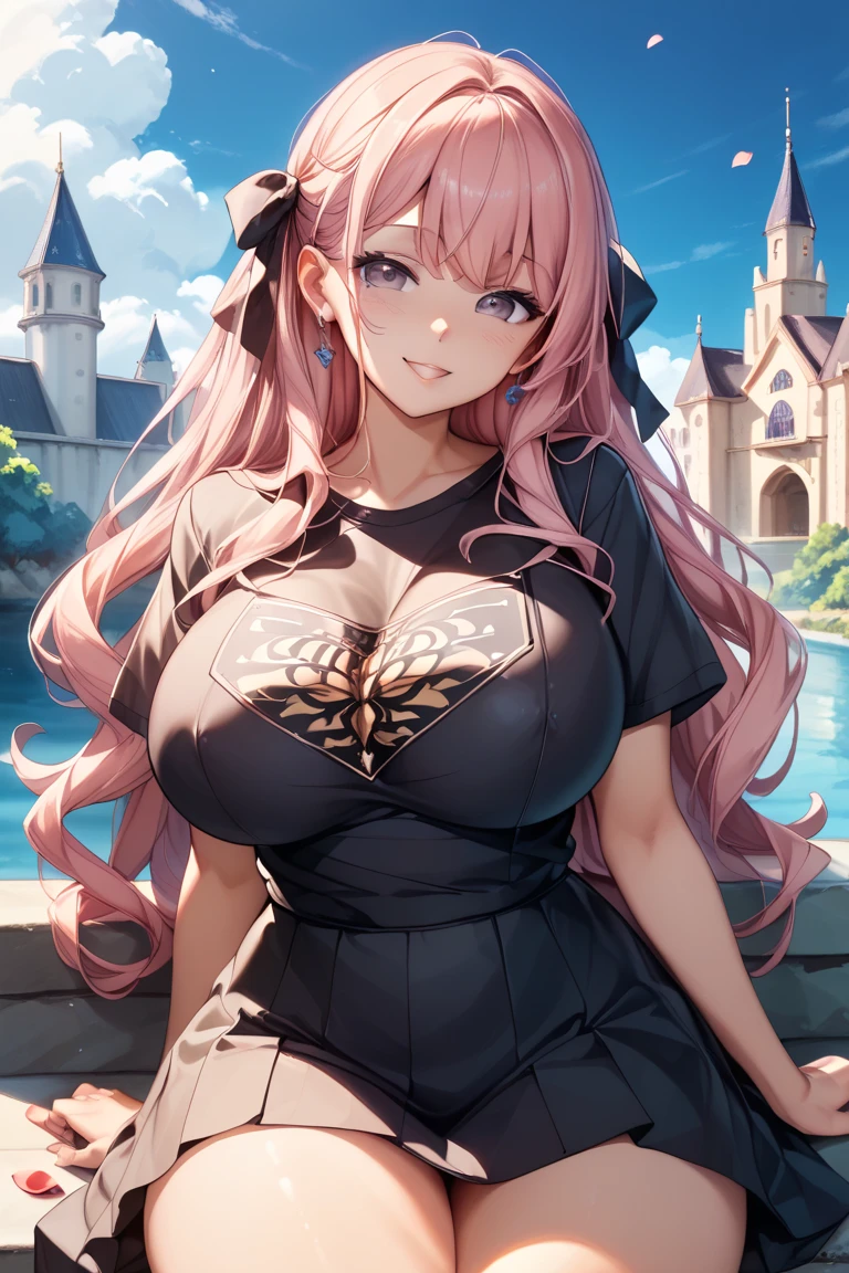 fullbody screencap of female villain. she has long curly red hair and blue eyes behind her is a fallen castle. Her outfit is that of a high priestess corrupted. her body is  adorned with jewels,
,
High Resolution, Long Hair, Red Hair, , Curly Hair, Large breasts, Earrings, Crystal Earrings, Blush, purple Jewelry, Crown, Anime, chubby, gothic dress, dominatrix
