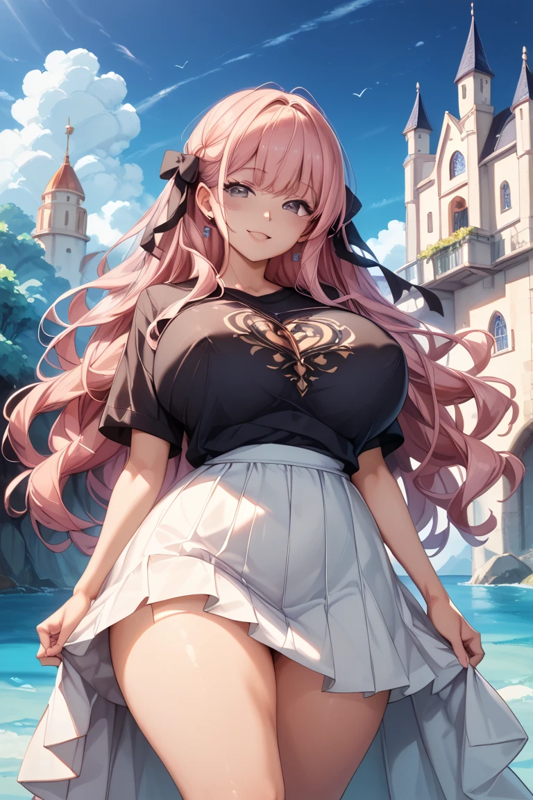 Anime girl, pink hair, garden, medium breasts, low cut dress, arms crossed, skinny, fit body