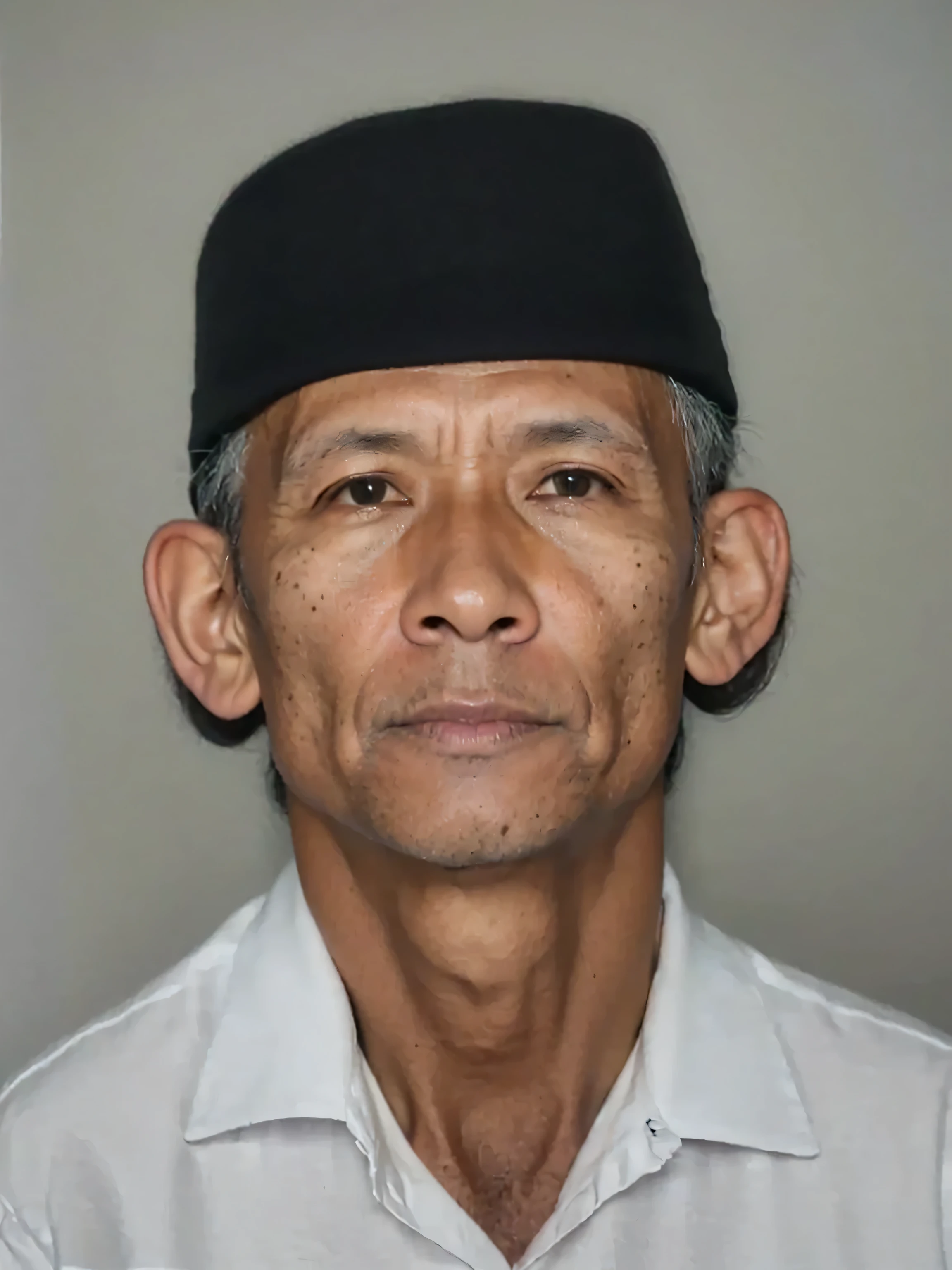 Image or photo description: A hyper realistic portrait of a afared man with a white shirt and black hat on his had, 50 years old man, an indonesia., Her skin is smooth and evenly lit, with highly detailed texture and no blur. His expression is calm and neutral. The background is a smooth, shot at eye level. He has warm tan skin (#C49A6C), neutral expression, and clear, defined facial features with high texture detail, 3d render senior artist, The skin texture is highly detailed and realistic, unblurry, unstains, highly detailed vfx portrait, realistic studio portrait, ultra realistic portrait, photo realistic portrait, highly detailed vfx portrait of, ultra realistic face, photorealistic portrait, photorealistic face, extremely realistic face, very realistic face, realistic portrait, photo-realistic face, hyper realistic face, detailed realistic face, ultra high definition pro.