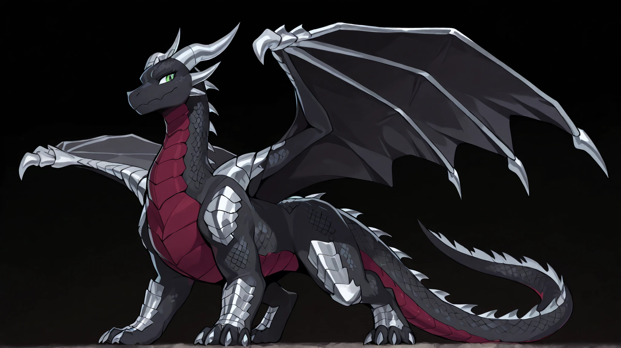 anime style, anime shading, clean lines, masterpiece, best quality, full body picture, centered, enderdragon, (feral), dragon, large adult dragon, female dragon, 1girl, long horns, wings, claws, tail, green eyes, perfect eyes, ((overlapping red chest scales)), dark silver scales, metallic scales, silver horns, metallic horns, tall, flat chest, dark background,