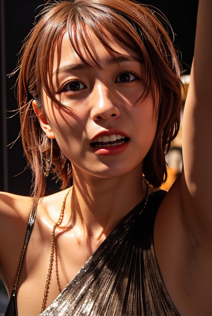 Best Quality, 8K, 32K, Masterpiece, High Definition, Perfect Style, Sensual Body, Spilling Breasts, Sweat-Wet Skin, Big Breasts, Bust 100cm, Waist 65cm, Hips 100cm, 30 Years Old, Detailed Face, Full Body, Perfect Lighting, Live Action, Mother, Bob Hair, Mom, RAW Development, Motherhood, Sensual Expression, Angle Looking Up from Below, Ahe Face