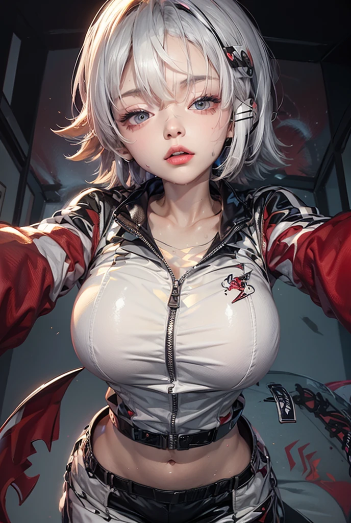 Red, pink, white, black, (platinum white hair woman, accentuated super huge enormously gigantic tits with cleavage showing, sexy seductive slutty pose),tattoo sleeves, (harajuku inspired hip hop cyberpunk techwear school girl uniform and school girl skirt:1.1),abstract swirling graffiti patterns lines and circles background, cherry blossoms blowing in the wind