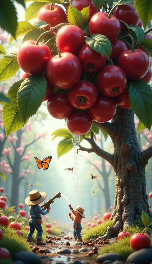 Illustrate a montage of the boy on an apple tree performing various activities such as swinging on branches, picking apples, and raising wreaths.