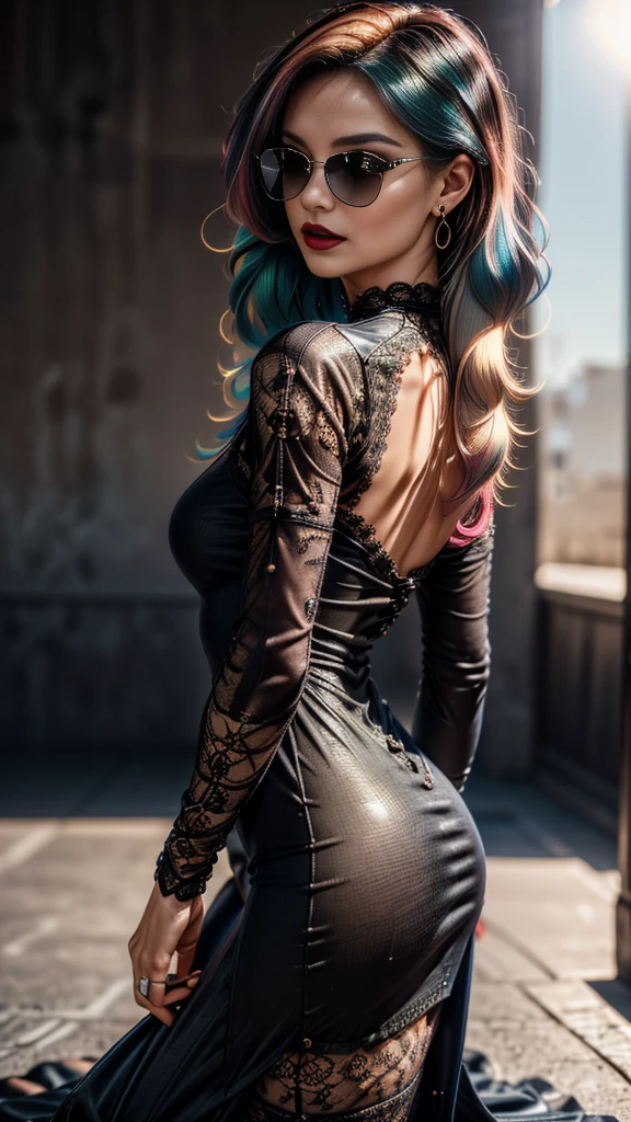 dress a beautiful girl with a perfect figure in something nice, made of available materials (((silk)), (canvas, nylon), ((fishnet)), (latex, leather), (lacy), (lace-up), (((jewelry:1.4))), (chain), bracelets, steel, pendants, ((earrings)), (sunglasses, handbag, phone, everyday items))), ((I encourage you to choose the right background for your phenomenally drawn creation)), (((Random hair color, hairstyle:1.33))), ((experiment, combine complex, multi-layered materialperiment with Armor and delicate materialperiment with the entire palette of colors and shadows)), ((anatomically correct:1.4)), ((perfect proportions:1.4)), (Increase quality:1.4), (best quality real texture skin:1.4), ( (photorealistic:1.45), (raw, 8K:1.2), (hyper realistic), (最high quality, 8K, 16K, table top, Ultra HD), (masterpiece:1.3) ), ((ultra sharp fous)), (((backlighting:1.25))), (super beautiful face:1.6)、(super detailed face:1.5)、(detailed eyes:1.2)、(detailed lips:1.32)、(Detailed nose:1.25)、Attention to detail, Double eyelids, full bodyesbian, and if you want, you are standing, kneeling, Sitting astride a chair, ((random facial expression)), (medium Contrast), (muted colors), long leg, medium ass, ((layer cut: 1.25)), ((Brightly colored clothing)), ((Lively,Active,vivaciousness)), (Erotic:1.6), (((fullcolored long dress:1.3))), (Look sideways, look up, look down), ((ultra sharp focus)), ((black_eyeshadows:1.4))、 (very dark dark red_lipstick:1.32)、(perfect round eyes)、 (brown_eyes:1.33)、 black_makeup:1.35、((very intricate design of epic long lace-up dress:1.22)), ( (beach night), (the stars are shining), (night), ((wind in your hair)) ), (firm normal full breasts:1.23), (looking at viewer), ((wide shot, sideways)), ((dynamic pose:1.2))