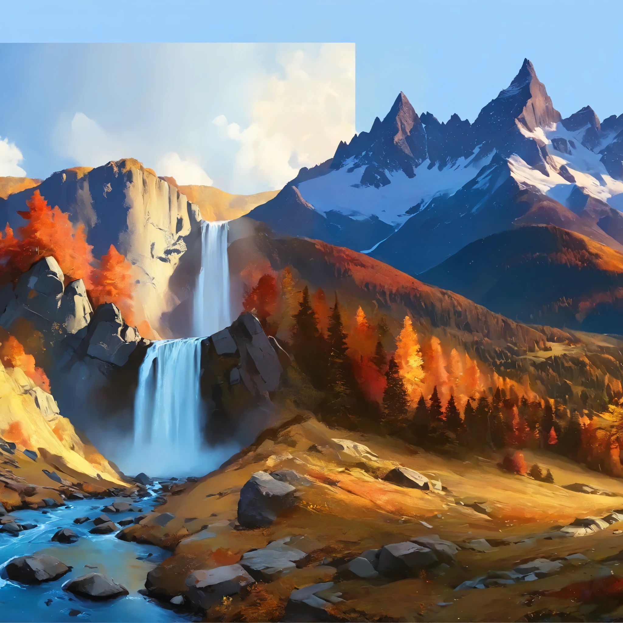 autumn landscape, fantasy, digital painting style, realistic shadows, iray, autumn forests, rock, detailed mountains, (cold autumn evening:1), twilight, 8k, 16k, highly Detailed, clear sky, fogless, masterpiece, Panorama, wide shot, outdoor, highres, absurdres, png, lossless, details, highly detailed, refined, complex, clear, clarity, lively, empty sky,