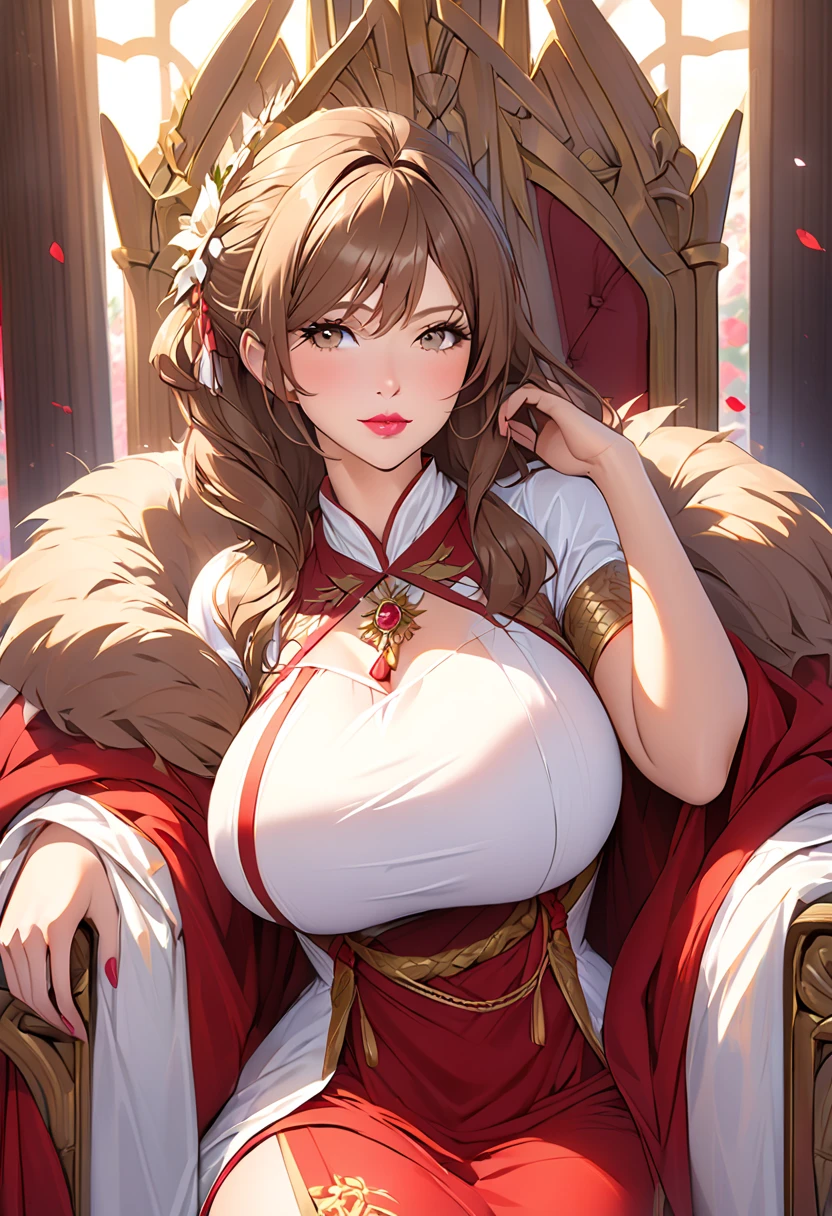 mature female, gigantic breasts, light brown hair, lips, throne, heartbeat, heartmark