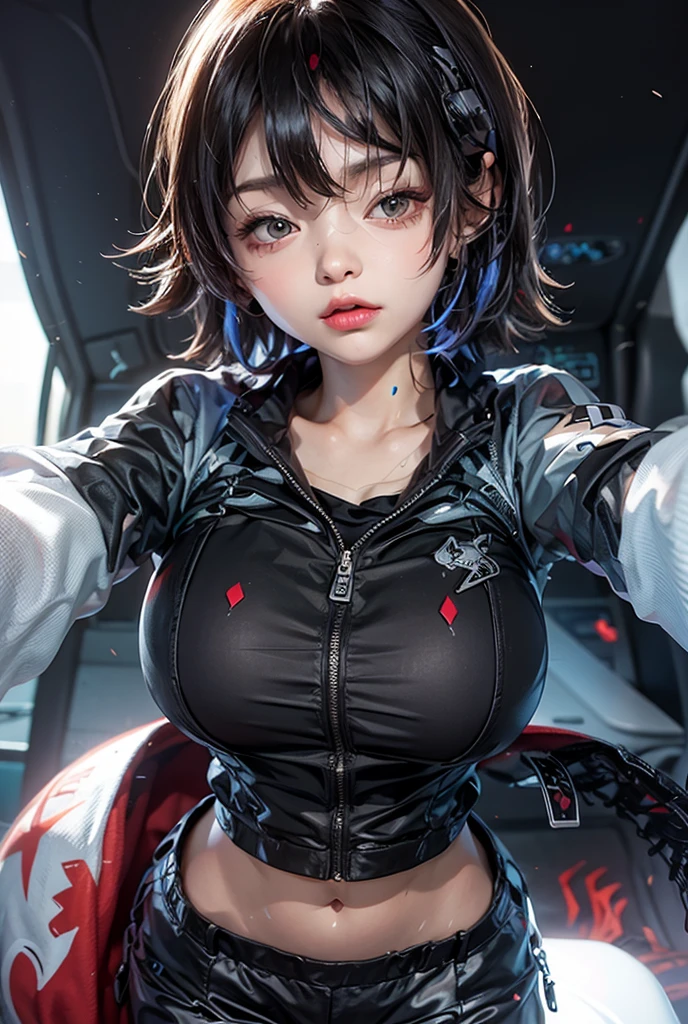 Top Quality, 8K, 4K, High Definition, Detail, (better-quality, 8K, 12), top-quality, 1 girl, short hair, she siting, wearing headphones, music effect around,