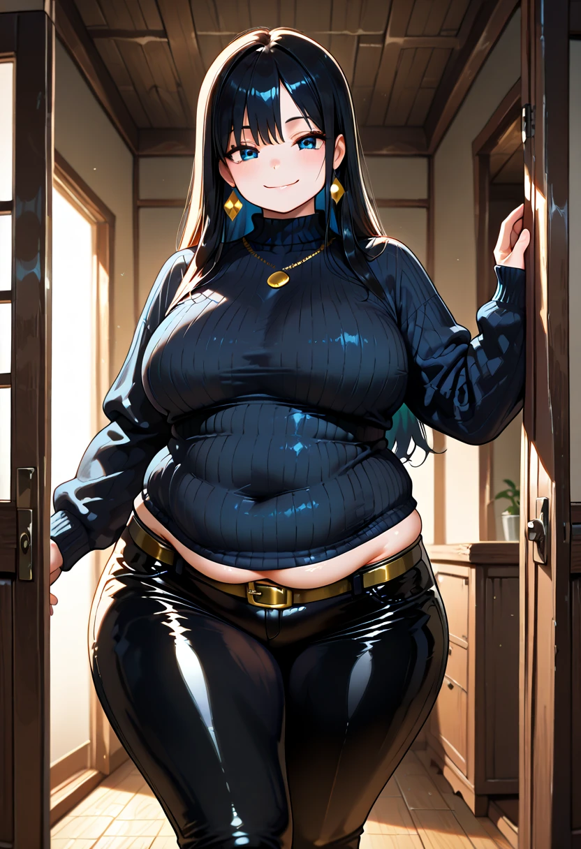 ((Masterpiece)), perfect anatomy, perfect shading, field of depth, (best quality), extremely delicate and beautiful, perfect lighting, detailed face, ultra cute face, cute, ((1girl)), ((solo))
long fluffy black hair, glasses, green eyes, ((blush)), nervous, looking at viewer, sweater, short skirt, medium breasts, (thick thighs), (wide hips), chubby
intricate background, detailed background, fast food restaurant, arms behind back, cowboy shot,