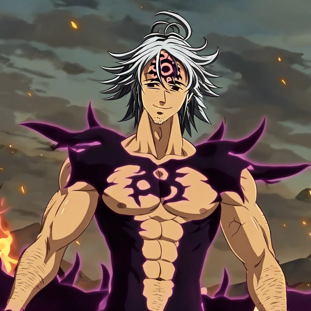 Man, muscular body, red eye, green earring, purple hair, body tattoos, smoking a cigarette, "One Piece-inspired anime features, drenched in dramatic and incredible lighting, dramatic lighting, infused with creative details, ultra-fine 2D design, scenery bathed in creativity, bathed in creativity, boasting HD anime resolution clarity, HD anime graphics, high-octane rendering"