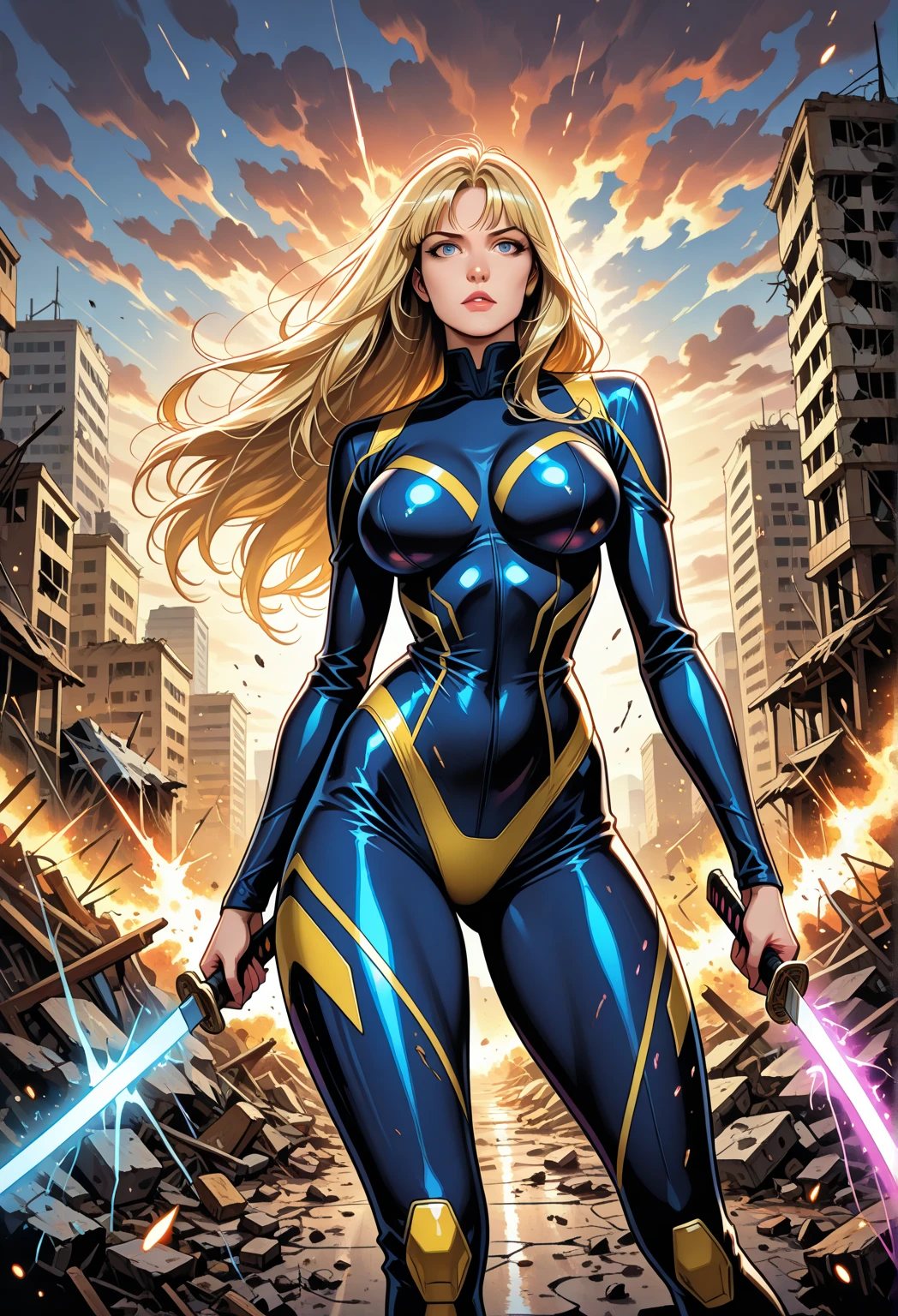 Ultraman, Mortal Kombat, anime style, (Max quality: Sharpness:resolution:detailed) full body shot, (((((1 female))):giant:Ultraman:Spider-Man:Batman,solo, extremely show-off)), big breasts, long blonde hair straight: in front of the eye: movement in the wind, circular light on the chest with strong blue light, helmet: mask of Ultraman, staring at the viewer, smiling, she is in a futuristic city being attacked by aliens .
