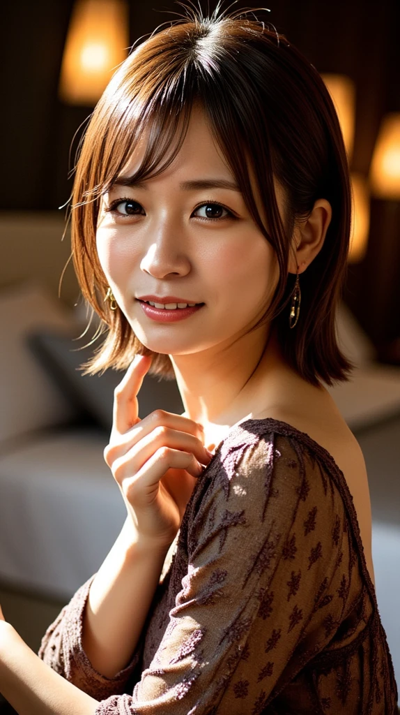 ((masterpiece, highest quality, High resolution, Photoreal, RAW photo, 8k wallpaper)), very detailed, A smile staring at me、(1 45 year old Japanese mature woman:1.1)、(accurate anatomy:1.1)、 women sexy, detailed face, beautiful eyes, bangs, soft little cleavage、(finest bra)、perfect makeup、long eyelashes、lipstick、(very short hair:1.1), plump and beautiful lips, beautiful shiny lips、(Close-up of a woman's face:1.3)、(Blurred luxury love hotel bedroom:1.1)、Warm and romantic lighting, moody colors