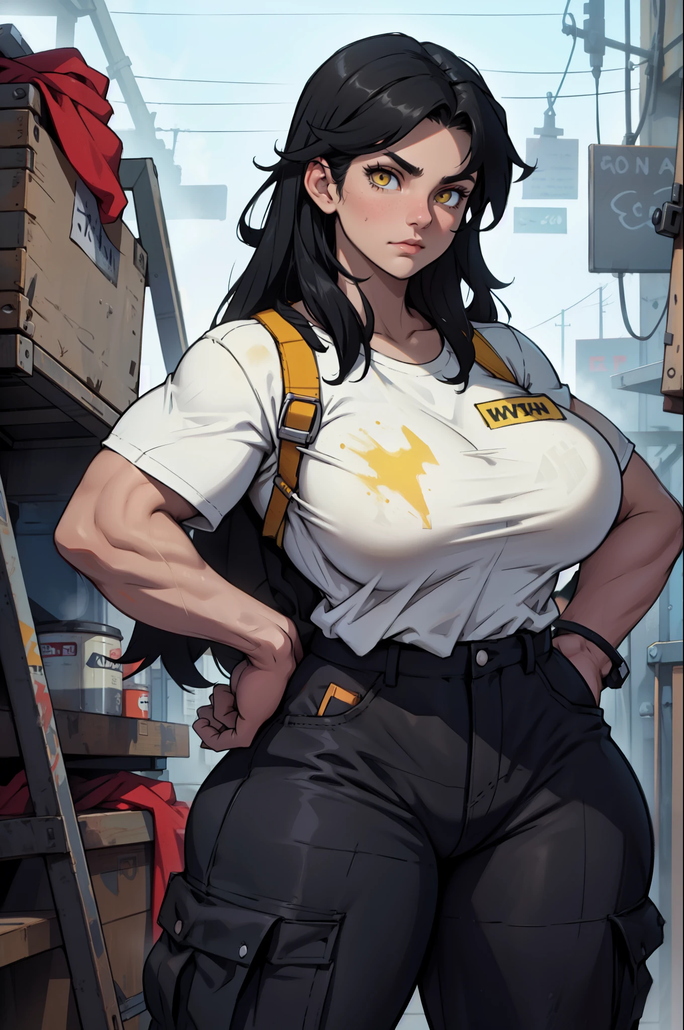 1girl, extremely long hair, solo, ((muscular)), veins, black hair, yellow eyes, blushing, thick thighs, pale skin, strong, veins, abs, big thighs, huge breasts, navel, angry, tight pants, tight shirt from above