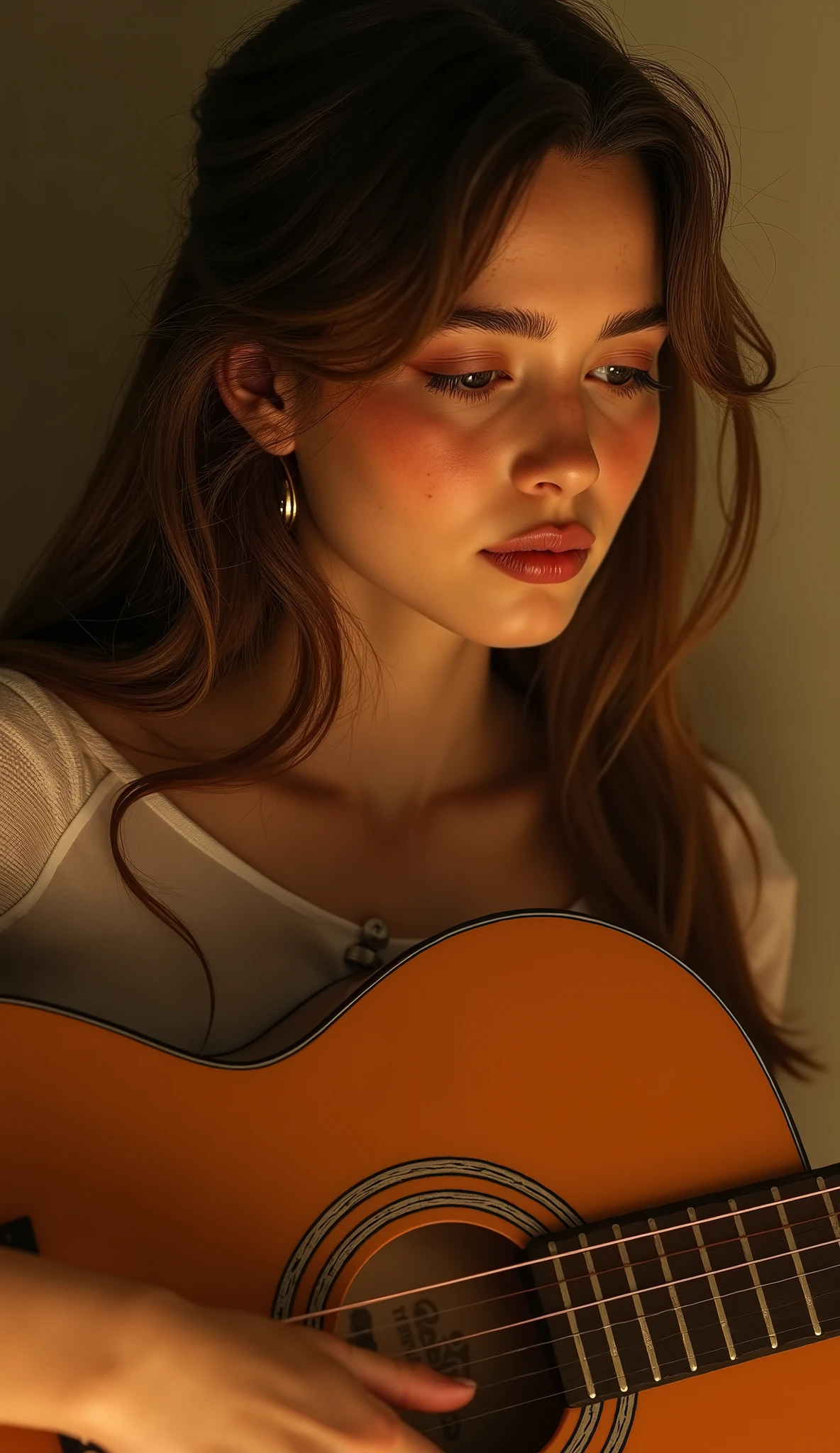 a beautiful girl is singing and playing guitar, eyes opening
