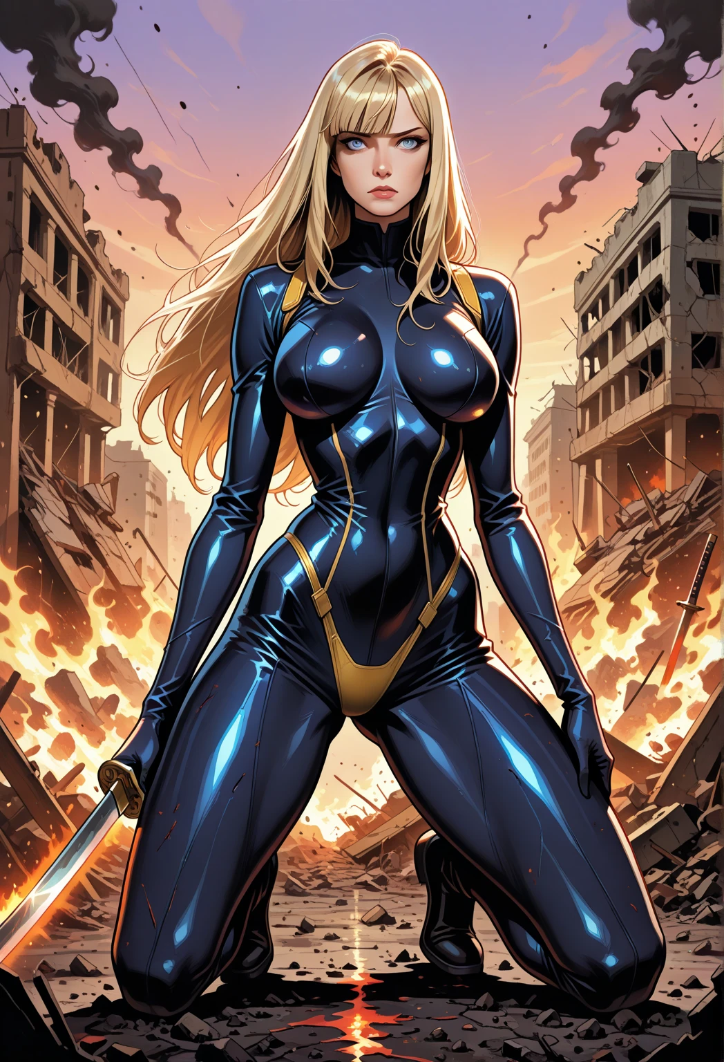 masterpiece, best quality, agrias, grey sweater, black leotard, flying, blonde hair, superhero, boots, space backdrop
