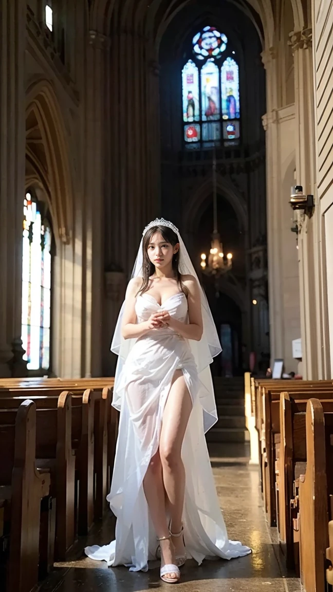 (Highest quality,masterpiece:1.3,Ultra-high resolution),(Very detailed,8K),(Realistic:1.4,RAW shooting)。Blurred Background、The best smile。A cute, petite 20-year-old woman、Full body pose。Plump figure。She is completely naked。Nipples are visible。Wedding Veil。Wedding Gloves。holding a bouquet of flowers。Big Necklace。belly button。pubic hair。White fishnet stockings。White heels。Stand in the Church。
