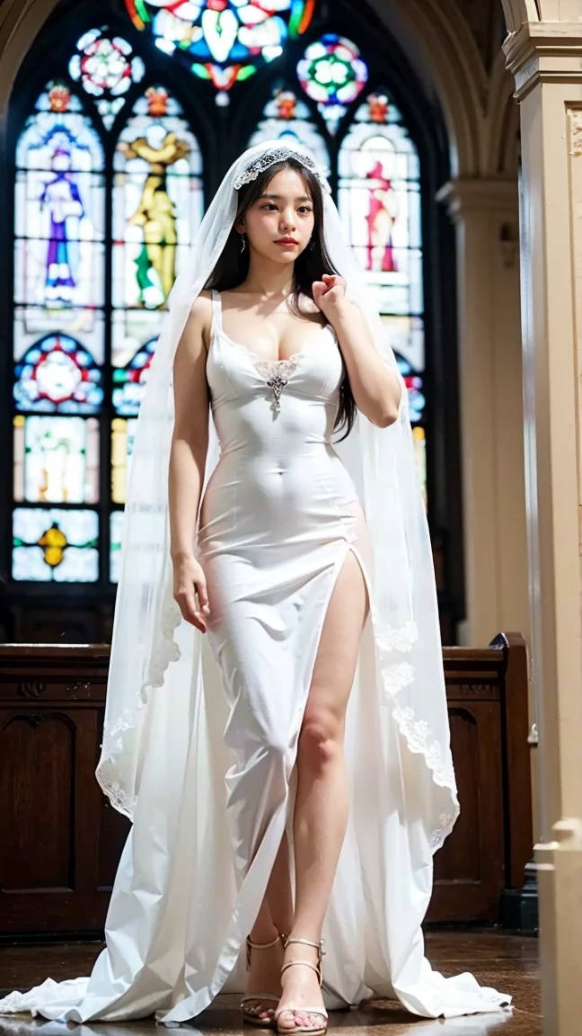 real photography,perfect masterpiece,Wedding photography,Asian perfect women,attractive woman,Supermodel body and shape,light blonde hair,clear hair,Careful hair texture(Premium hair details:1.1)Beautiful and exquisite的眉毛和睫毛,big eyes,light brown eyes,red lips,perfect lip shape,clear skin texture,hydrated skin(Advanced facial details:1.1)perfect face,South Korea'Top supermodel,Supermodel body,perfect face,South Korea'Top supermodel,Supermodel body,Golden ratio chart(Real and perfect body shape:1.1),(Extremely exquisite and beautiful work:1.1)a very beautiful woman,Have perfect body proportions,Tight body lines,perfect body curves(Plump and large breasts),Extremely sexy water snake waist,Sexy peach buttocks,hydrated skin feeling,clear skin texture(Advanced skin details:1.1),The optimal ratio of four fingers to one thumb.Beautiful and exquisite,Feet with perfectly proportioned thighs and calves,,Royal sister style,Royal Sister Series,Pronovias :Spanish Romantic Mermaid Wedding Dress,Dresridal Boy wearing a high-end mermaid wedding dress,Wear black strappy high heels,wear necklace,ear nipple ring,jewelry,jewelry,indoors,Ancient style church,ancient decorated church,noble, Brilliant light, expensive paintings,full-body shot,High end wedding art,South Korean model works,high quality work,the most perfect masterpiece:1.1