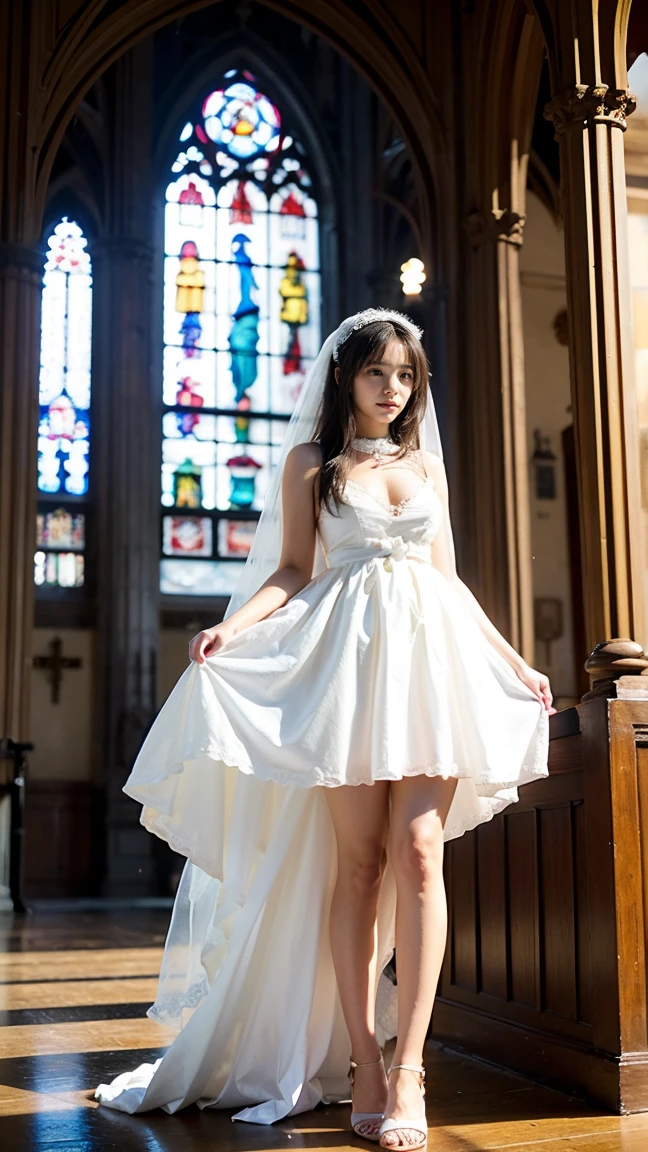 1girl, (25 years old, (solo:1.5), wedding dress, long dress, full-face blush, (dress lift:1.5), (skirt lift:1.5), nsfw, white panties, garter straps, in the middle of the church, detailed background, masterpiece, best quality,