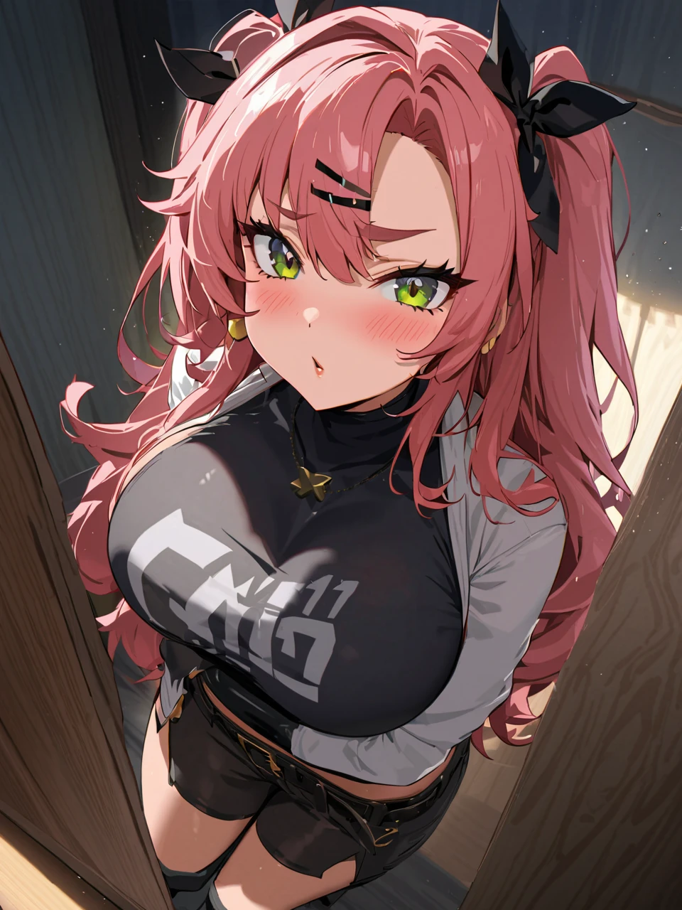 The image is of a beautiful woman wearing a tight fitting black button-up shirt with a short pleated black and white skirt. The school outfit is black with white accents. The woman has long flowing pink hair with strands of braided hair tied with red ribbon throughout. She has gorgeous green eyes that shine like emeralds. Her face is youthful and gorgeous. Her breasts are ample and seem too large for her tight fitting black uniform top. She is short in height but well developed -a short stack. She blushes as you look at her. She's standing in your bedroom and is excited to be with you. The image is ultra detailed with gorgeous colors, perfect line work, and detailed shading. Nipple indentations,