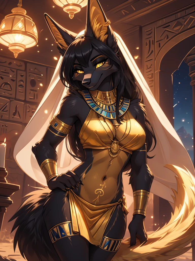 best quality masterpiece, the best definition to add aesthetic and lighting detalles Black girl jackal, egyptian clothing, teen girl, ,black body, ( the best definition in the body, good attributes, stylized body, slanted eyes, sensual look) egypt landscape, golden tattoo body, sensual eyes, yellow pupil, He has 2 kunai in his hands., battle pose, background fire add_detalle Ferocious fangs, sharp fangs, wild sharp claws, angried, hitting with his fist and destroying a pyramid add_detail female godness, killing a human who is kneeling in front of her with a dagger, human kneeling venerating her
