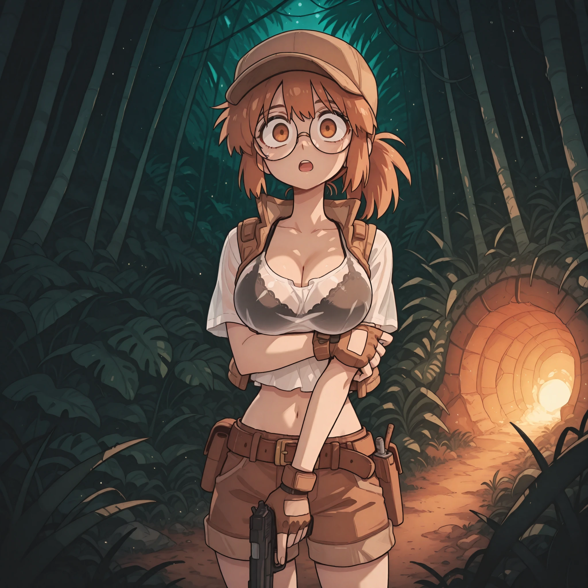 masterpiece, best quality, amazing quality, Anime Screencap. BREAK. 1girl, fio_germi, metal_slug, brown_hair, ponytail, brown_eyes, glasses, round_eyewear, brown_hat, large_breasts, cleavage, black_bra, bra, see-through_clothes, white_shirt, crop_top, midriff, brown_vest, brown_shorts, brown_belt, open_belt, fingerless_gloves, brown_gloves, belt, stick_grenade, handgun, weapon, holding, holding_gun, holding_weapon, trigger_discipline, arm_under_breasts, between_breasts, looking_at_viewer, smile, open_mouth, from_above, jungle_background:1.2, detailed_background, night:1.1, confident_expression:1.1, dynamic_composition, vibrant_colors, soft_lighting, subtle_shadows