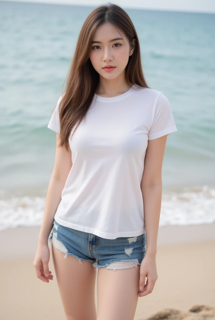 masterpiece, high resolution, best quality, Very detailed, Pink Eyes, Beautiful woman, Pure white quick-drying short sleeves,beach,Long hair