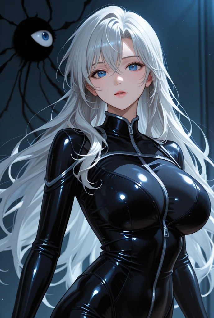 （lifelike， high - resolution：1.3）， 1 girl with a perfect body，slender body, Super fine face and eyes，assasin, dark makeup, shiny skin，white hair, sexy black bodysuit， Expose cleavage