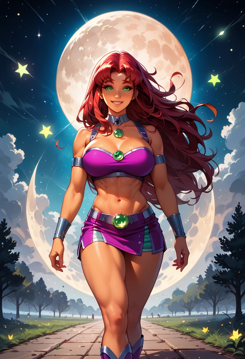 1980s anime A woman, slender and curvy, standing beside a porch looking up into the sky. Her lavender eyes sparkle like a diamond. Her hair, made out of violet and green flames, flow beautifully with the wind. An elegant figure, embracing the cool night as we stand together surrounded by snow. (She wears no top), for she does not need it, exposing her perfect breasts for the world to see. Her smile is precious, as it only shows in the rarest of moments. A true treasure, this beauty is. And she's mine.