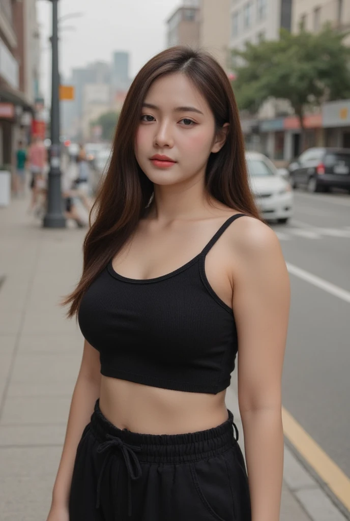 (masterpiece Best quality) beautiful woman, gray tank top, cropped waist Long jeans Korean style woman with long black hair, beautiful figure, perfect face, pretty face, charming, big eyes, small smile, happy (outdoors), walkway in the park. bright gentle light color