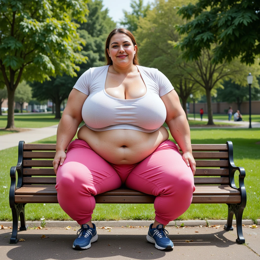 I would like to create a full-body image of a mature woman who is obese but has a large bust.