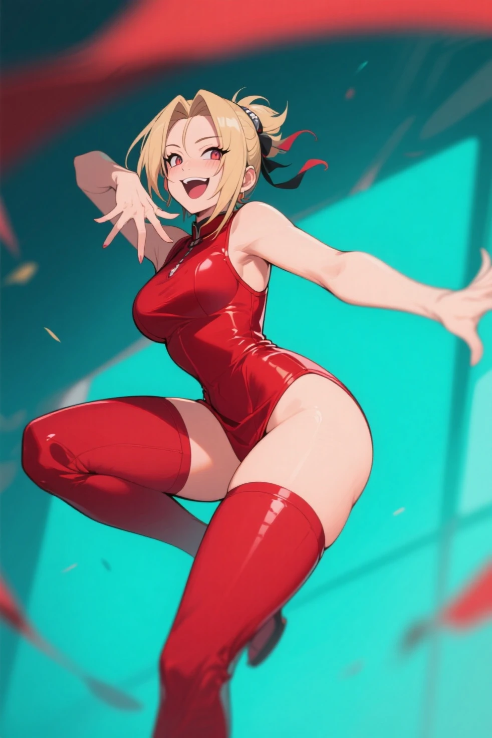 watanabe you, 1girl, leotard, spinning, time travel, super power, superhero, tornado, super tornado, whirlwind, twirling, super speed, bare legs, anime, super spin, standing, detailed, boots, gloves, rapid gyration