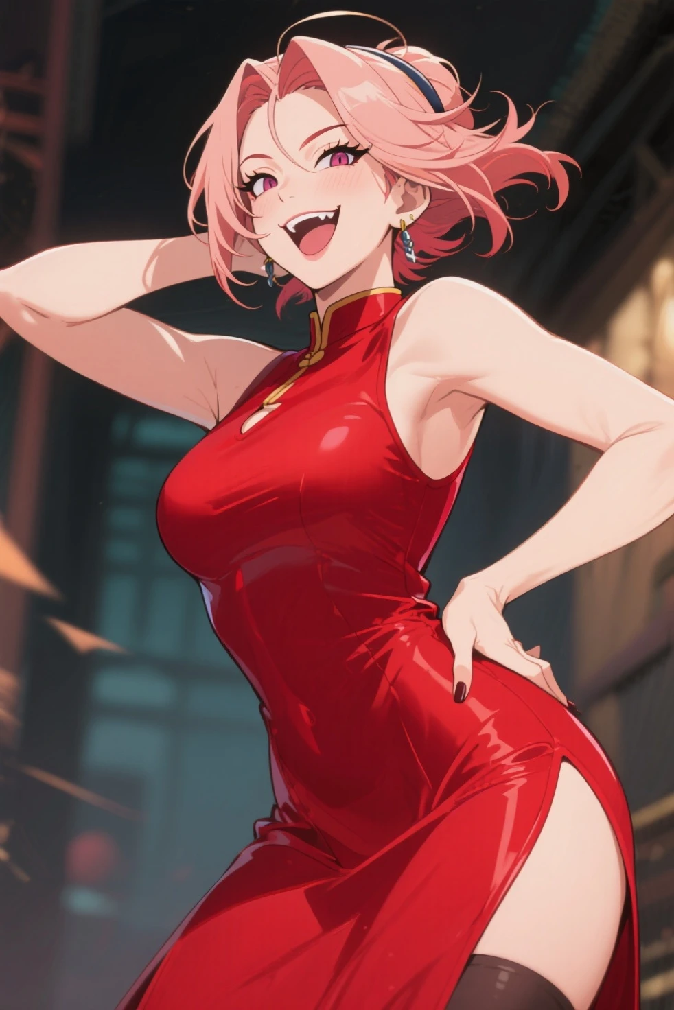 ((Highest quality、、masterpiece:1.3)), Upper Body、Long legs、Sharp focus:1.2, Beautiful woman with perfect figure:1.miling:1.2), double eyelid、30-year-old female、Sexyse、((((Close your mouth、One Woman、ボディコンスーツ、Luxury hotel lounge))))、(((((Hands on the side of the body)))))