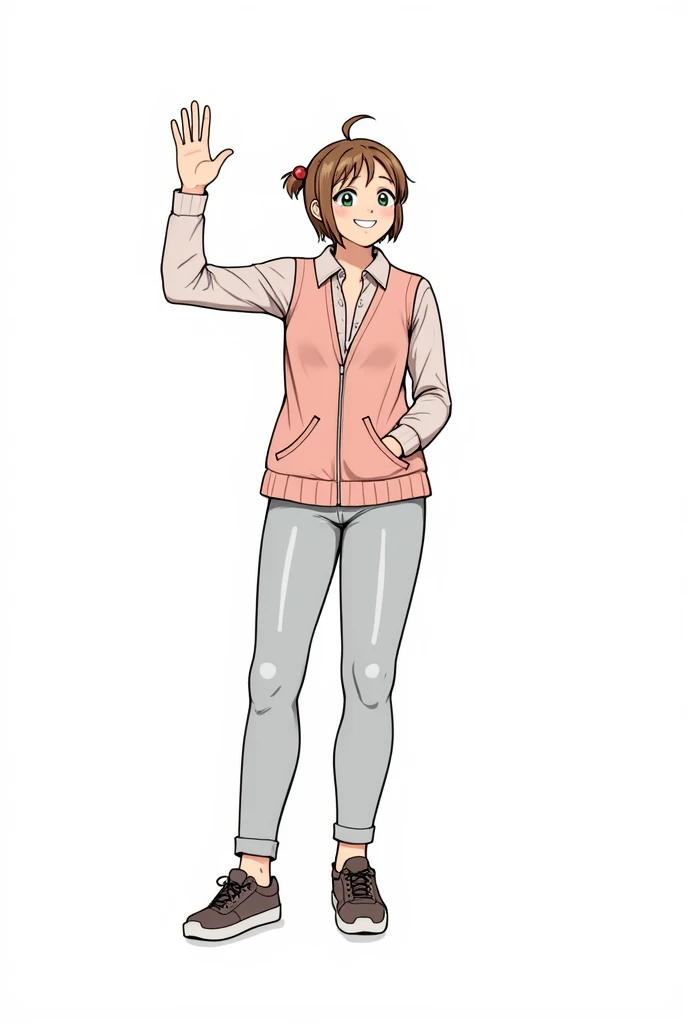 Pretty Girl,  beautiful hair, casual,  minimalist clothing , slim body, cute bangs,,   loose-fitting clothing, manga anime,  Women,blouse, High Quality, elegant jacket ,  winter colors  ,  simple , winter outfit, aesthetic , smile, clothes casual ,high resolution, The anatomy detail,sneakers 