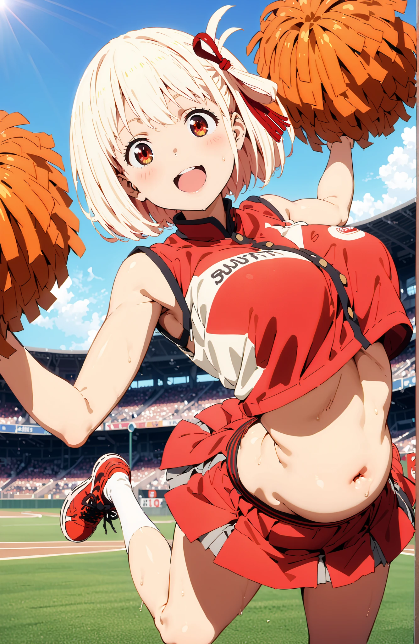 Nishikiki Chisato, solo,short hair, bungs, Gold, Red Eyes, hair ribbon, one side up, bob cut,smile,blush,open your mouth,Under boob,angle from below,
(Cheerleading), (full body), on chest, (sweated), sweated Wet Clothes, (Red clothing),sleeveless, pleated skirt,White socks,sneakers,belly button out, playground, (jump), (jump), 足を曲げてjumpする, , blue sky, Compa, smile,cheerleader, Pom-pom \(Cheerleading\) real hair ornaments,audience,full bodyがイラストに入るように,in their 40s looking at viewer,full body,
in their 40s outdoors, stadium,
in their 40s (masterpiece:1.2), best quality, high resolution, Unity 8Kの壁紙, ( 's art :0.8), (beautiful detailed eyes:1.6), very detailed face, perfect lighting, very detailed CG, (perfect hand in h, Perfect Anatomy),