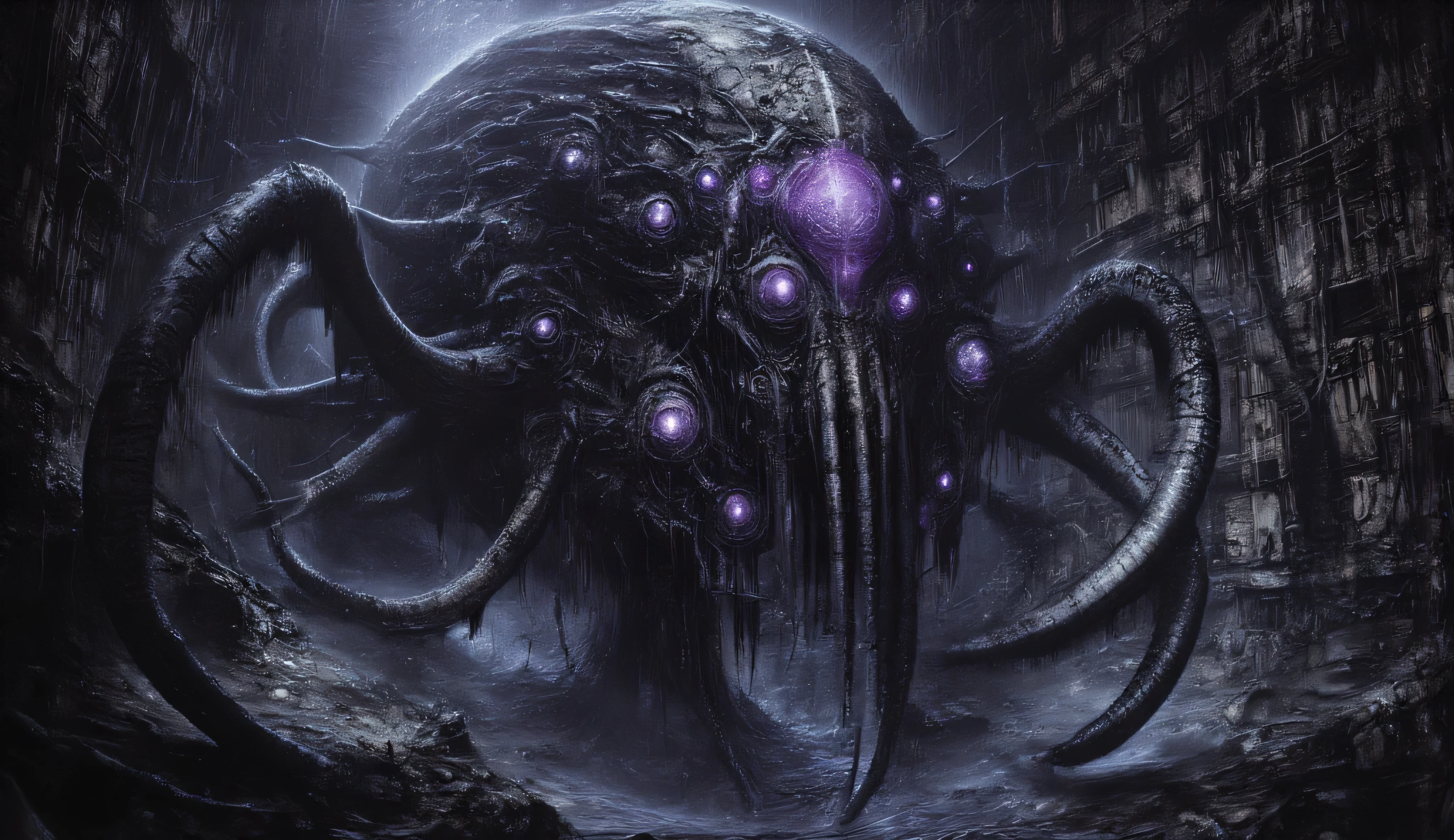 A deep cave. A mysterious ancient machine full of long tentacles and purple eyes. Horror