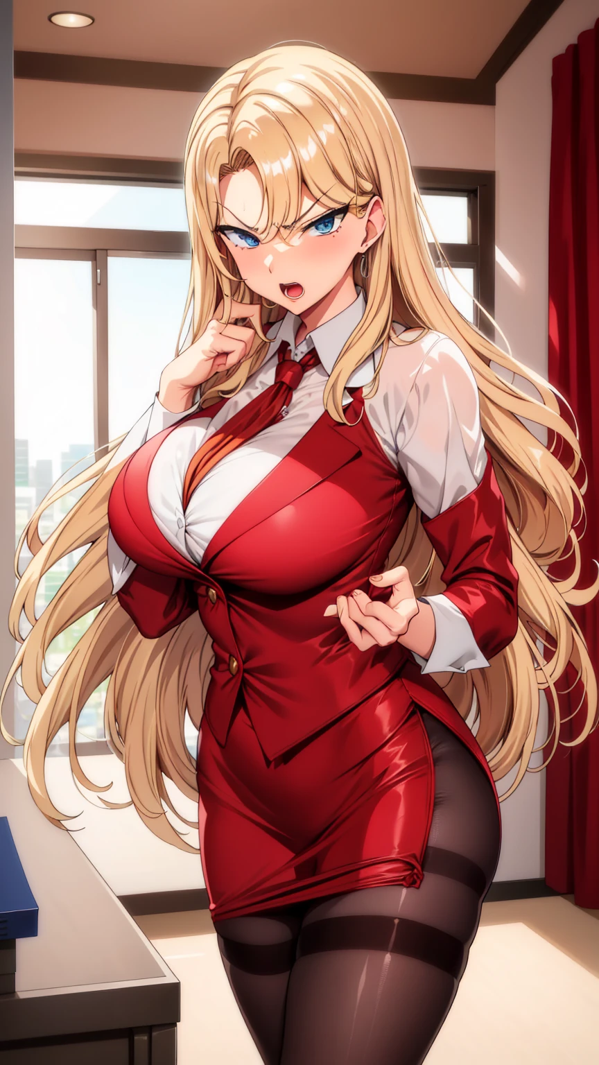 (masterpiece, highest quality, best quality, official art, beautiful and aesthetic: 1.2), (1girl), extremely detailed, (fractal art: 1.3), colorful, highest detailed, perfect face, upper body, HDR, ), vivid visual effects, (dynamic stripes, luminous traces: 1.2), bright colors, sitting on the throne, office, gothic office, tea, long blonde hair, full growth, hellsing, integra, foot to foot, standing, breast focus, breasts, large breasts, bare breasts, naked, nude, boob window, sexy, wide hips, thicc figure, Detailed blue eyes, Detailed face, Detailed eyes, seductive, thicc thighs, purple stockings