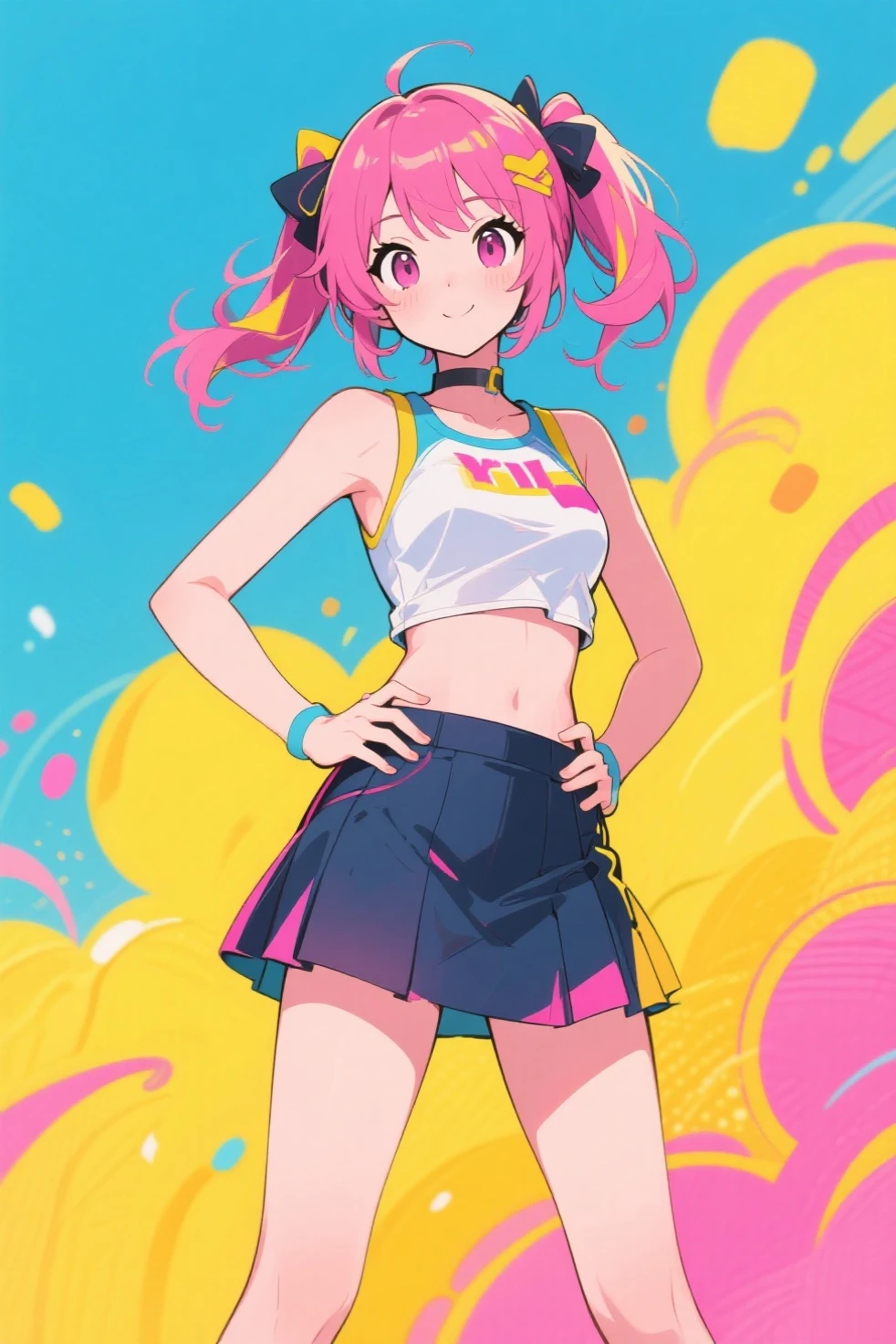 half body, girl, kangel from needy streamer overdose, two pigtails, with bangs, cute, super colorful, streamer backround, streamer 