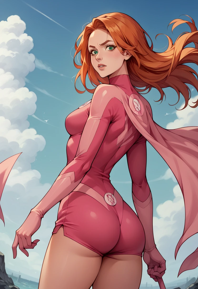 perfect eyes:1.2, detailed eyes:1.4, smile, AtomEve, green eyes, orange hair, long hair, pink bodysuit, pink gloves, elbow gloves, naked thigh, cowboy shot, 1girl, solo, (masterpiece:1.6, best quality), 8k, insane details, intricate details, hyperdetailed, hyper quality, high detail, ultra detailed, professional, HDR, ray tracing reflection, cinematic lighting,