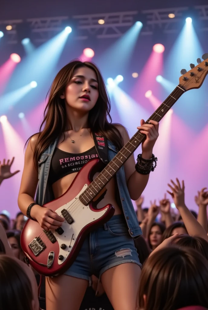 beautiful girl in rocker style, rocker accessories, playing electric bass guitar in the middle of the stage, The stage ignites the crowd! Neon lasers + ecstatic fans—freeze the peak moment of the music festival!