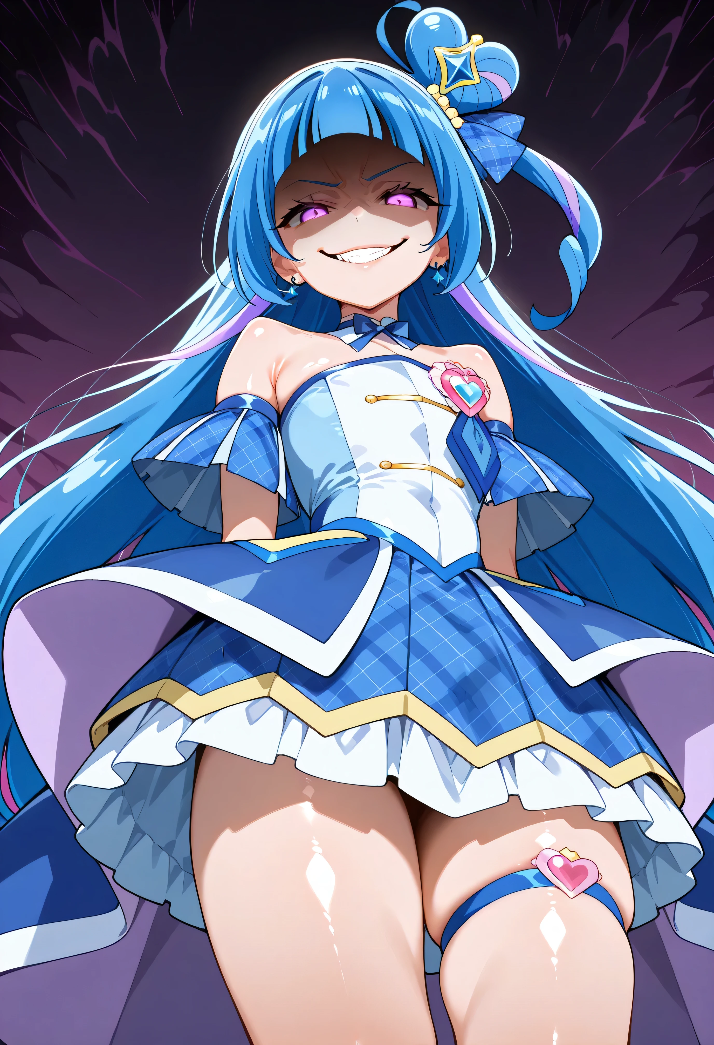 、 Look Down、from below、 break、Cure Wink、cure winks 、Idol Kimi and Idol Pretty Cure Blue Hair、Magical Girl、 mini crowns、purple eyes, blue dress ,slanted hat,very long hair,Dull bangs,bare shoulder,headband,,,nsfw,(evil smile:1.9),lewd,最高品質,非常に詳細な画像,シングル,1人の少女(shiny skin:1.5),