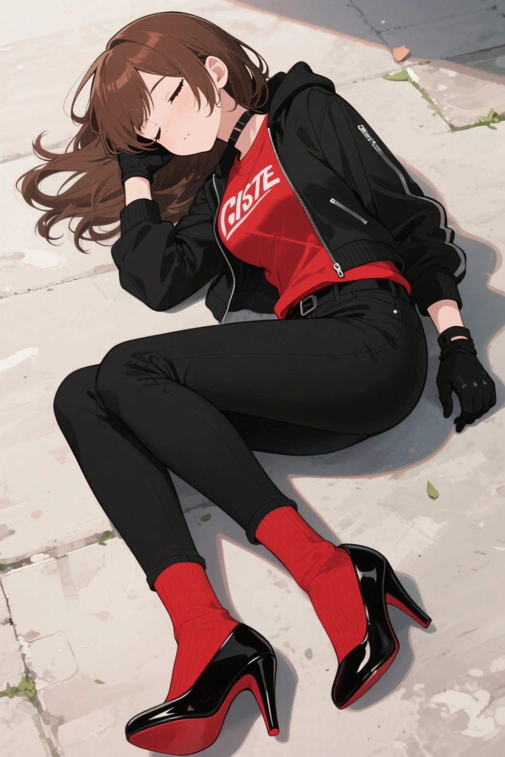 Scarlet has a medium build with light red skin, small light brown eyes, and angular maroon eyebrows. Her hair is long and wavy with two twisted buns of her head, being in a maroon color. She also has long edges and baby hairs, bronze and maroon eyeshadow, and maroon lipstick. For her main outfit, Scarlet wears a maroon hoodie that says "STORYWOOD" in silver. She also wears grey sweatpants with zippers on the front. For her footwear, she wears black high heels boots with maroon soles that say "SHADOW" at the top. For accessories, she wears 2 hair clips on each side and big silver hoops earrings.