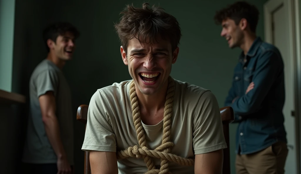 There is a the most handsome student from Malaysia named Akmal (24) hands,legs with black socks tied with ropes to the chair and eyes covered with cloth Akmal laughed uncontrollably because his soles feet being tickled by feather duster by the man kidnapper