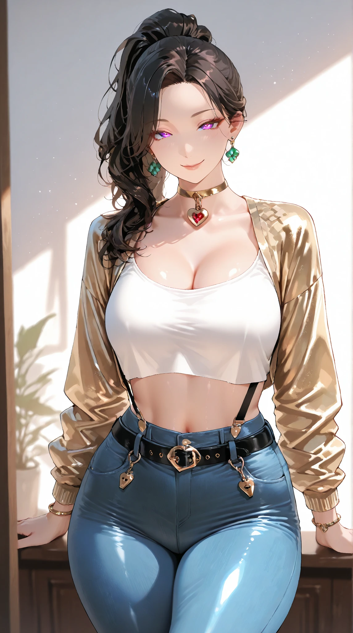 Gentle and attractive Chinese beauty, Half-body photo, Delicate and sexy collarbone, Attractive oval face, double eyelid, Bright pink eyes, Pink Lips, Small Nose, Exposing shoulders,  Ultra-high resolution, Super Details, Elegant standing posture, Korean style puff sleeve square collar slim short shirt, Pair it with a high-waisted light-colored jeans suit.
